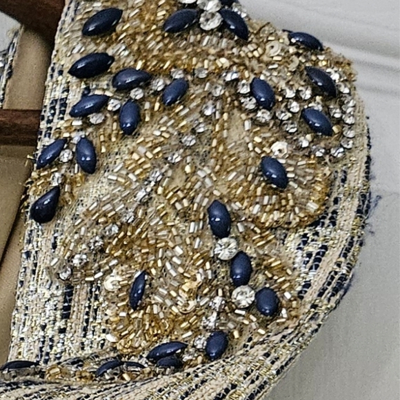 Parker 108 Gold & Navy midi V Neck dress with embellishments sz 6 - Picture 9 of 10